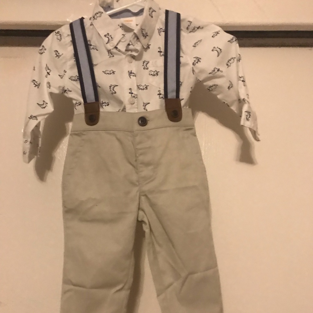 Gymboree khaki pants, suspenders & button up shirt
